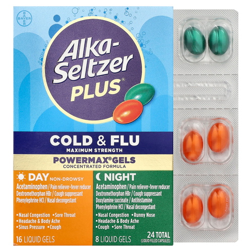 Alka-Seltzer Plus, PowerMax® Gels, простуда и грипп, дневная и ночная добавка, 24 капсулы с жидкостью