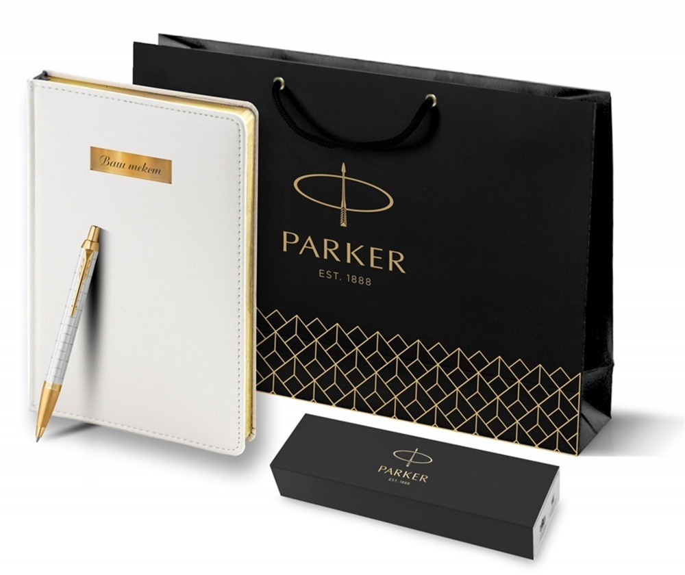 Подарочный набор: Ручка шариковая Parker IM Premium K318 Pearl GT, цвет чернил синий и белый недатированный ежедневник с золотым срезом