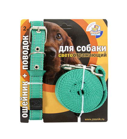 ZOONIK Ошейник (37-51 см) + поводок для собак, капроновая лента 25 мм, со светоотражающей полосой длина 3 м