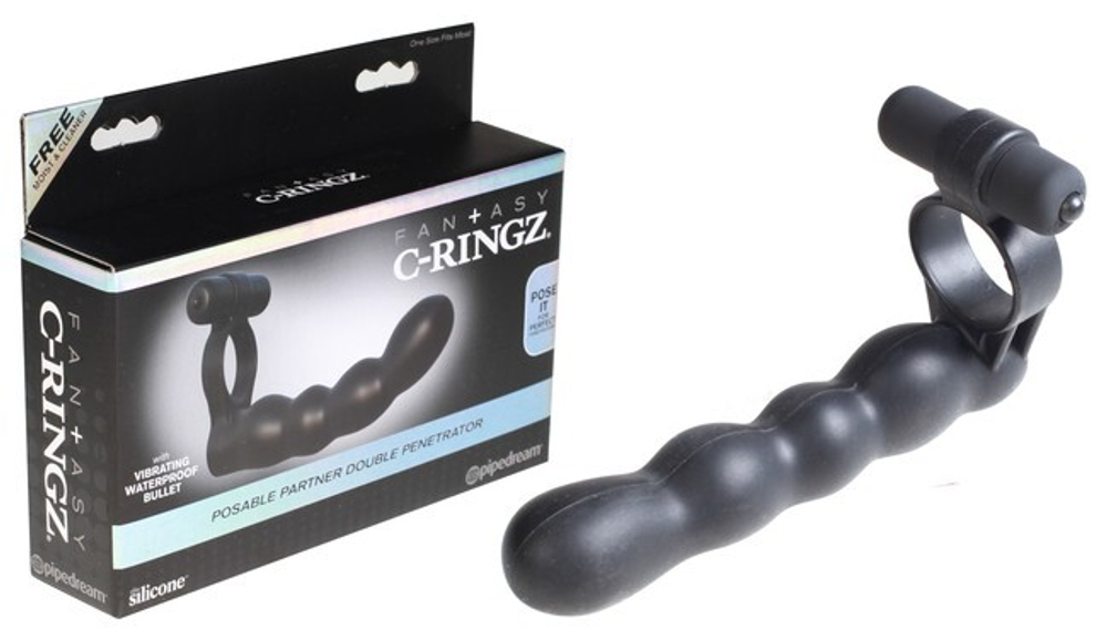 Эрекционное вибро-кольцо с гнущимся анальным стимулятором Posable Partner Double Penetrator (Цвет: черный)