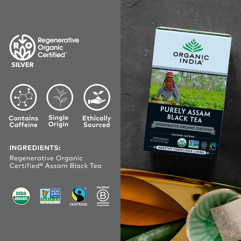 Organic India, Черный чай Purely Assam, 18 пакетиков для заваривания, 32,4 г (1,14 унции)