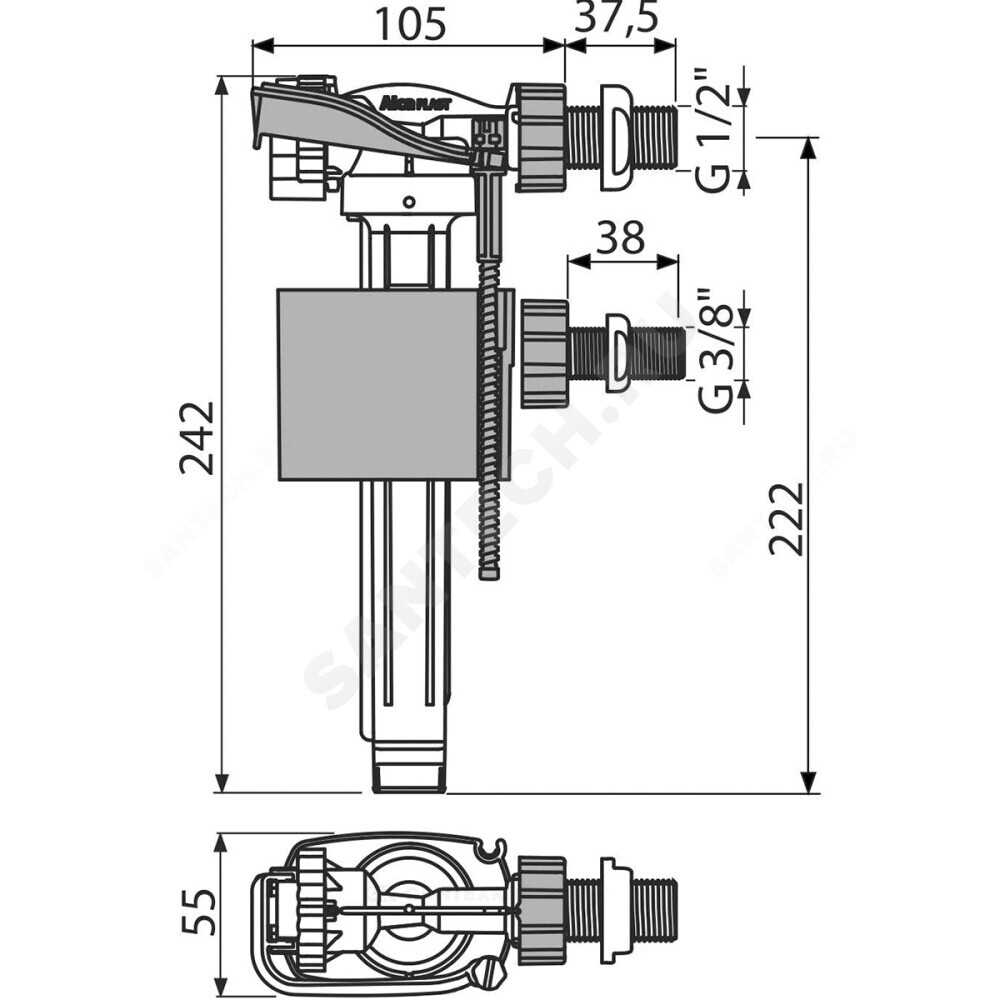 Арматура для бачка наливная 3/8" и 1/2" боковое подключение Alca Plast А150UNI