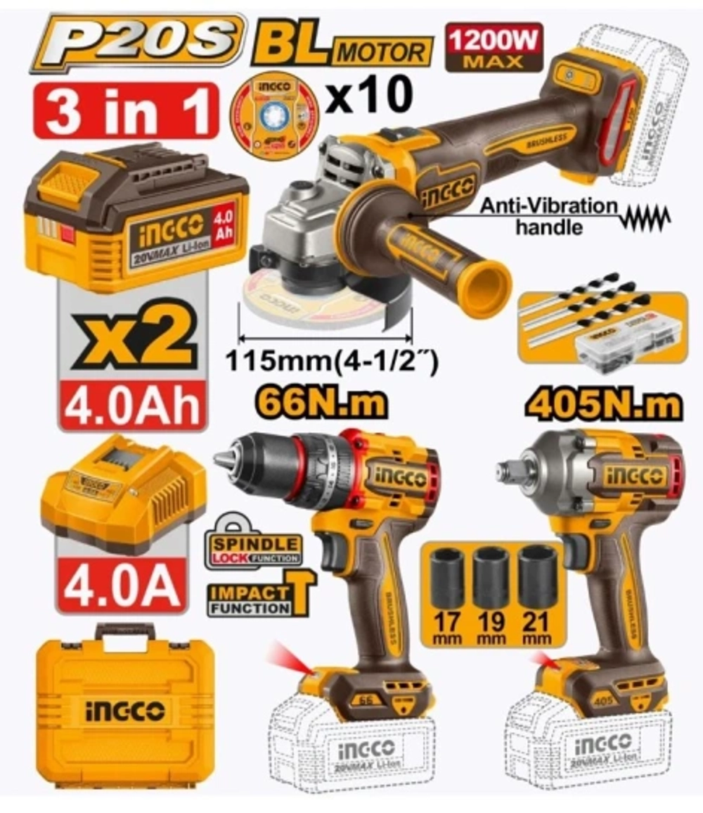 Набор аккумуляторного инструмента INGCO CKLI20358 INDUSTRIAL 20 В 3 шт.