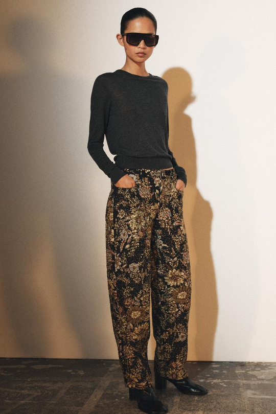 ZARA БРЮКИ С ЦВЕТАМИ И БУСИНАМИ — ZW COLLECTION, ЧЕРНЫЙ