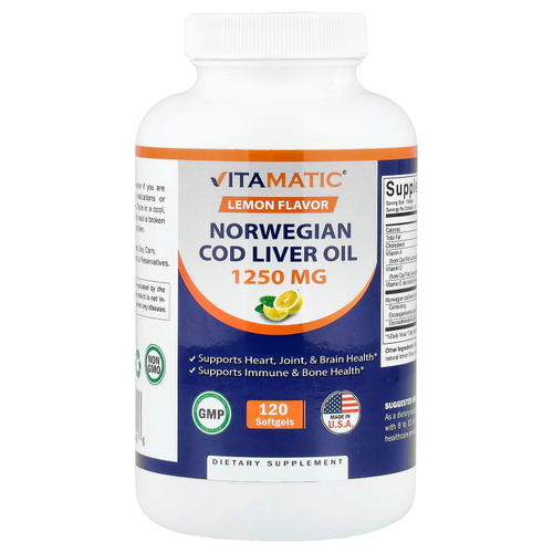 Vitamatic, жир из печени норвежской трески, лимонный вкус, 120 капсул