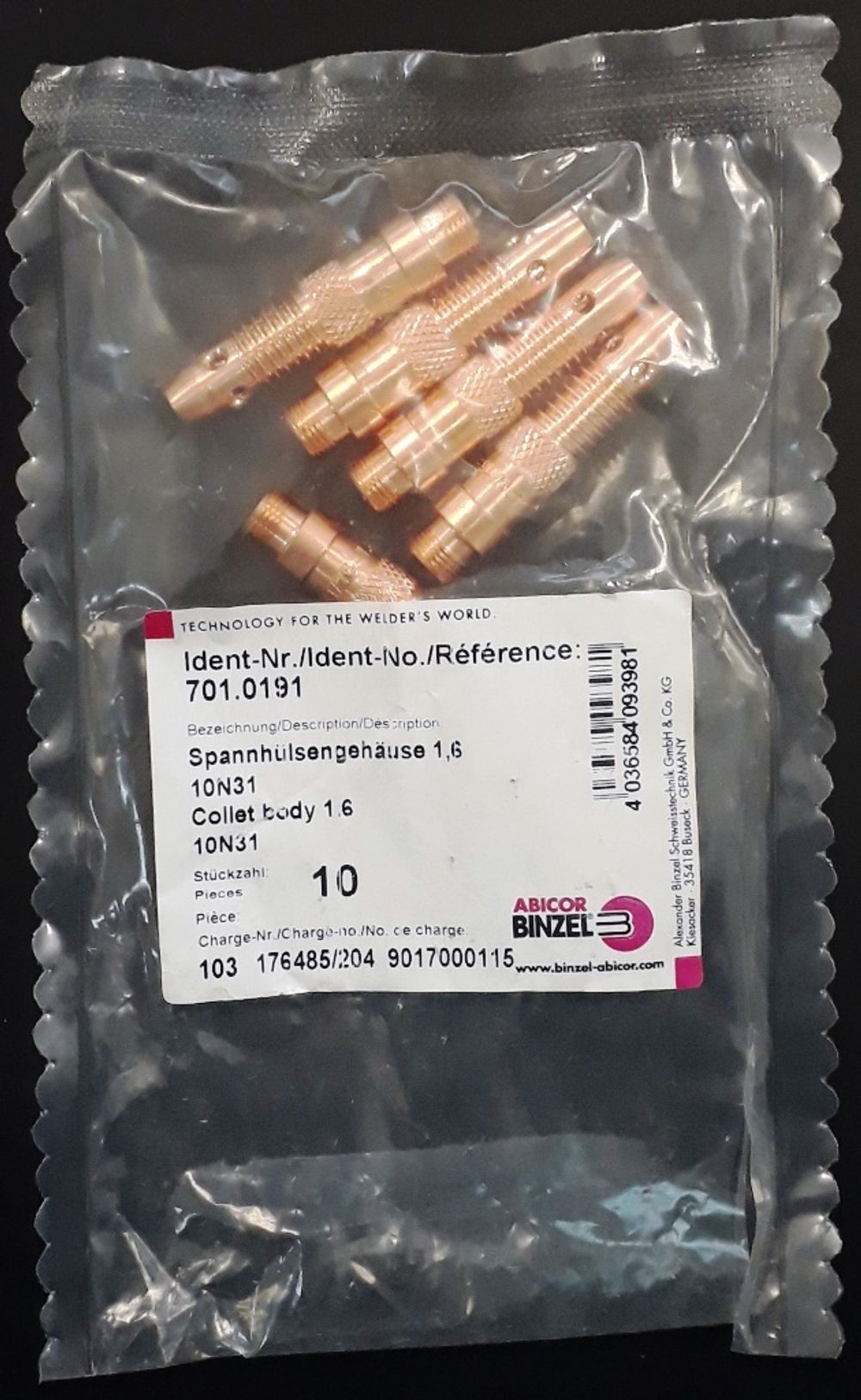 701.0191 Корпус цанги 1,6мм сварочной горелки TIG Abicor Binzel