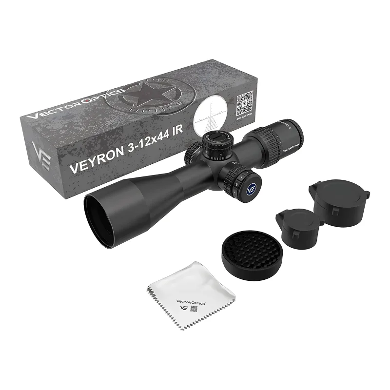 Прицел Vector Optics Veyron 3-12x44 IR, SF, MPR-V10 (MIL) - общий вид с коробкой, крышками и блендой