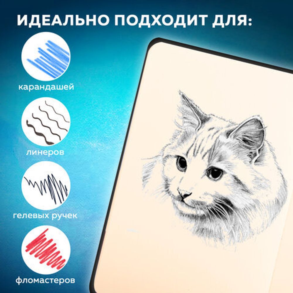 Скетчбук, слоновая кость 140 г/м2 130х210 мм, 80 л., КОЖЗАМ, застежка, BRAUBERG ART CLASSIC, черный, 116460