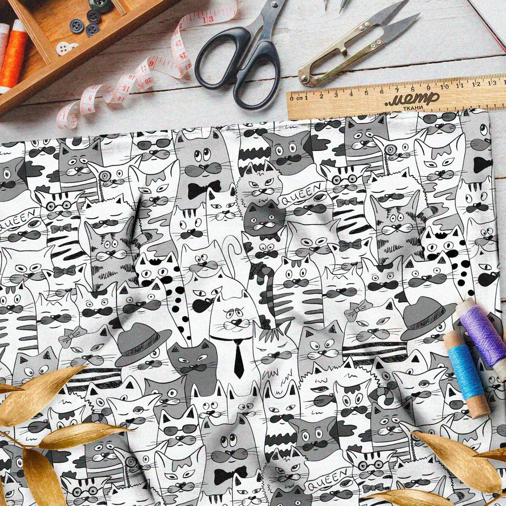 Ткань лён бело-серые коты из мультиков