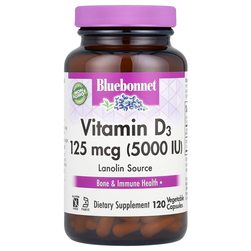 Bluebonnet Nutrition, Витамин D3, 5000 МЕ, 120 растительных капсул