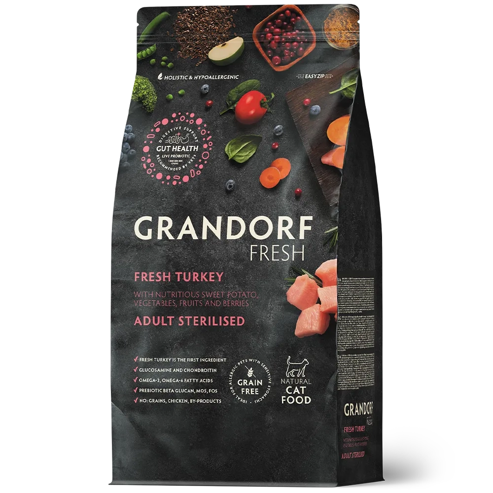 Сухой корм GRANDORF FRESH CAT Turkey STERILISED беззерновой, индейка с бататом для стерилизованных кошек, диетическая формула при аллергии 0,4кг