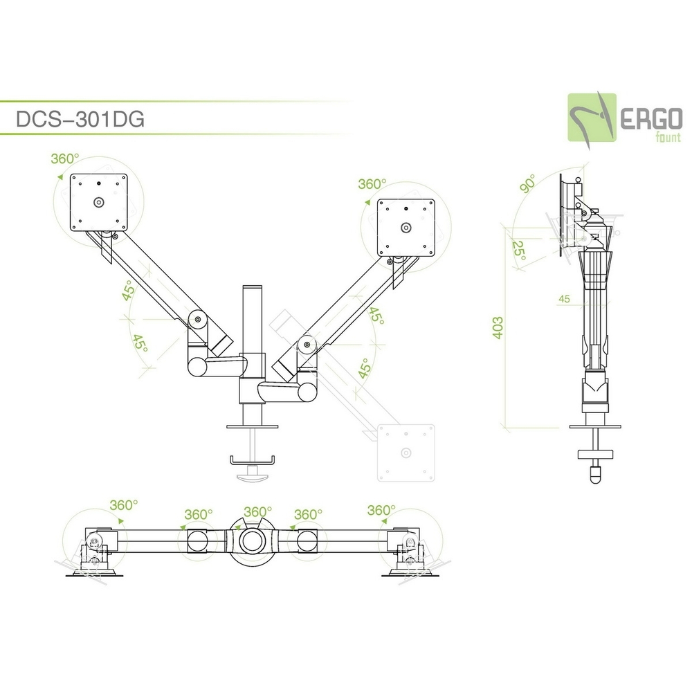 ErgoFount DCS-301DG Шарнирное настольное крепление для 2 мониторов диагональю до 27'' с газово-пружинным амортизатором и струбциной к столу типа "G". Цвет - серебристый