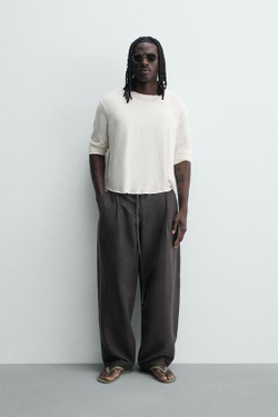 ZARA БРЮКИ BALLOON FIT С ЗАЩИПАМИ И ПОЯСОМ, ЗЕЛЕНЫЙ/СЕРЫЙ
