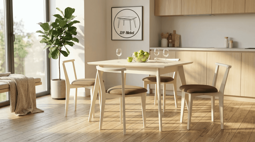 Стол Zip-mebel Сканди 120 слоновая кость со стульями Франк слоновая кость велюр коричневый