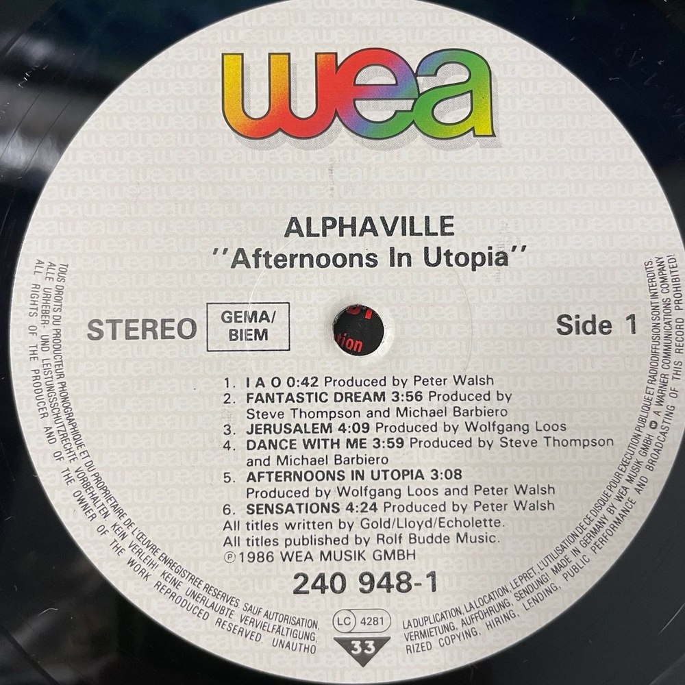 Винтажная виниловая пластинка LP Alphaville Afternoons In Utopia (Германия 1986)