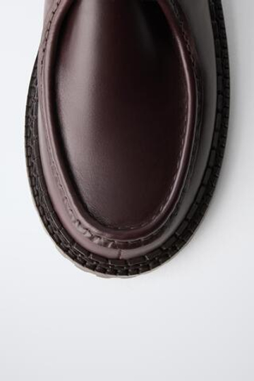 ZARA КОЖАНЫЕ ТУФЛИ-МОКАСИНЫ, ГРАНАТОВЫЙ