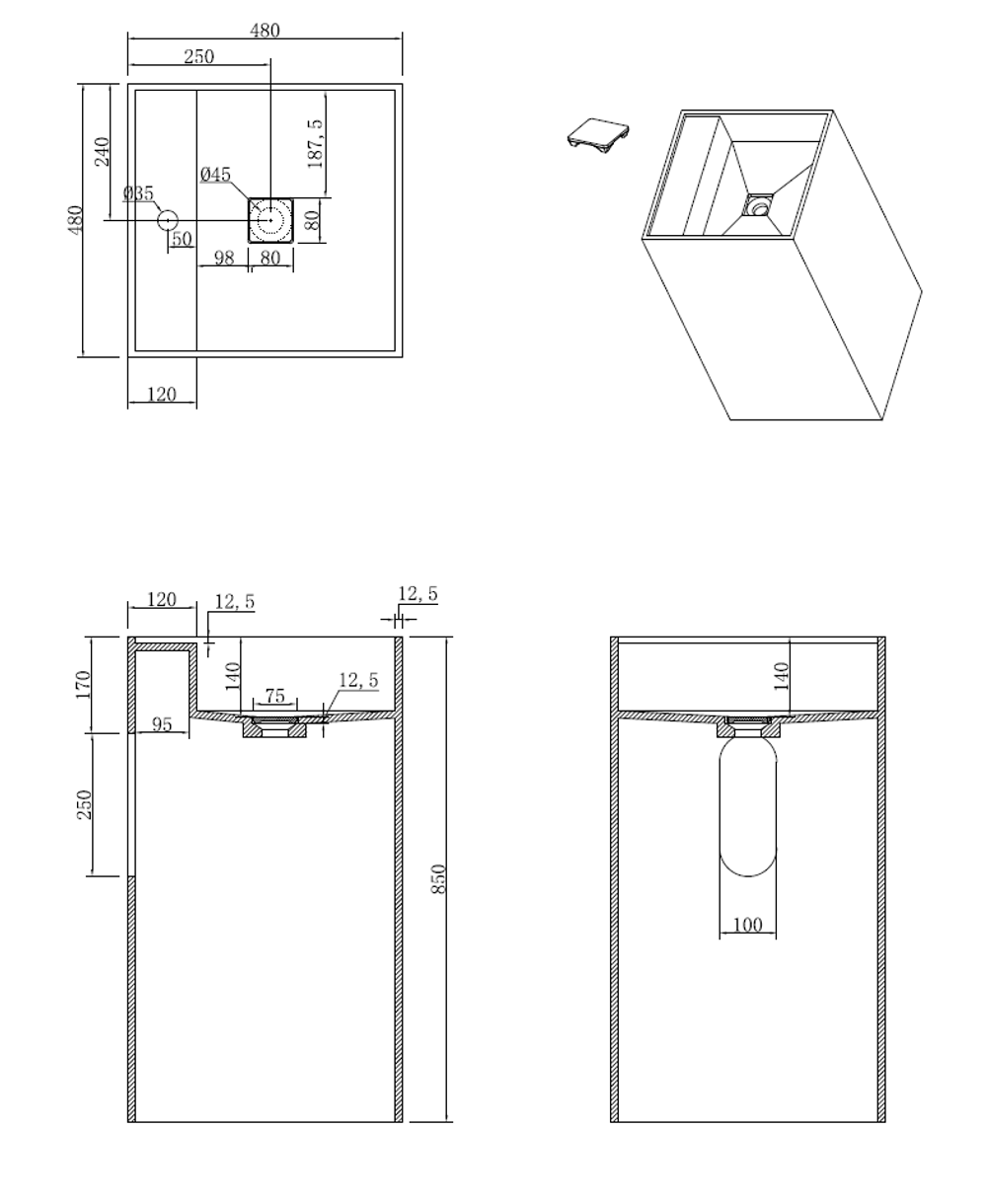 Раковина напольная Cube Corian 480*480*850 Matt White