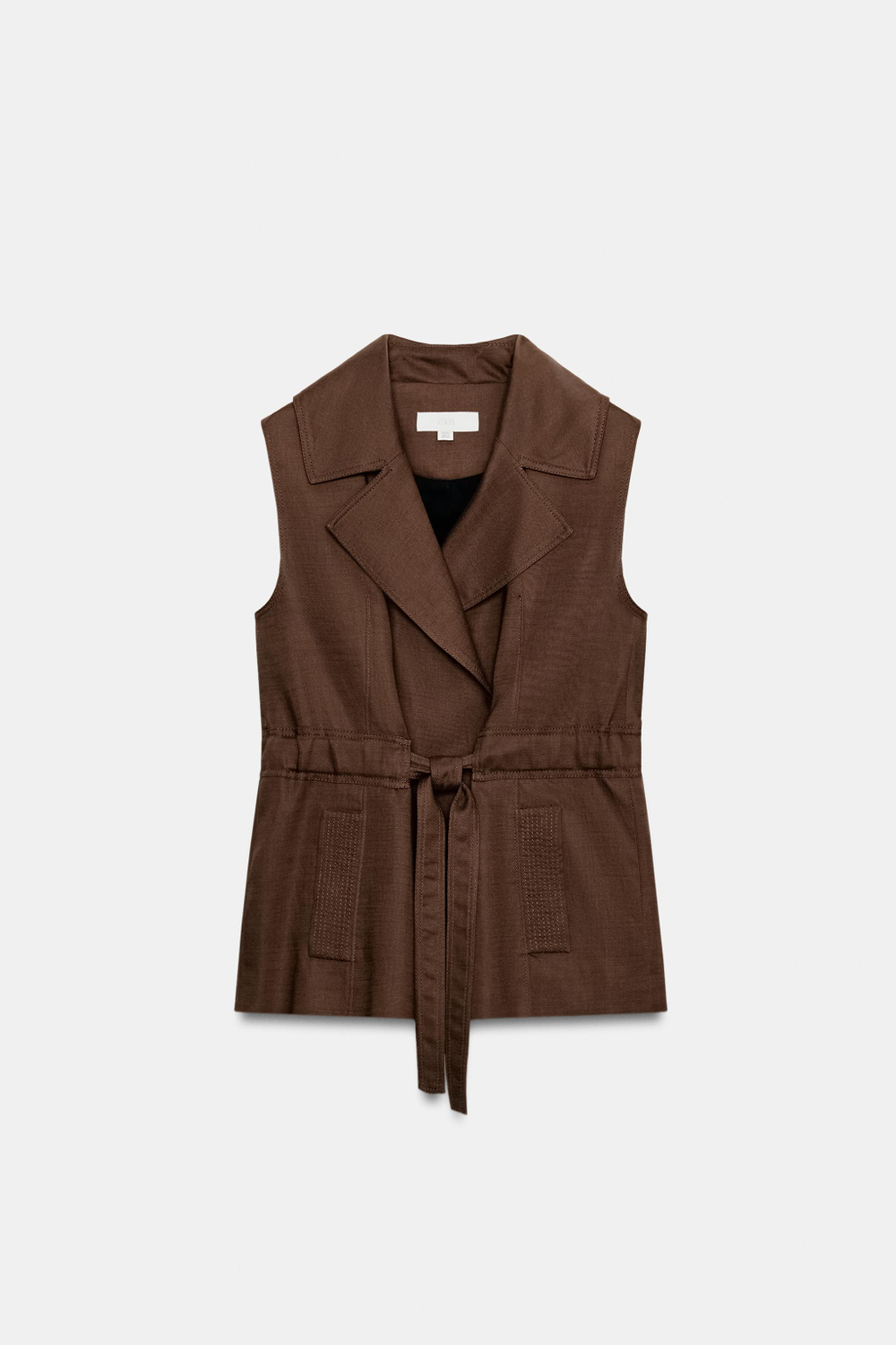 ZARA ЛЬНЯНОЙ ЖИЛЕТ С ПОЯСОМ, КОРИЧНЕВЫЙ