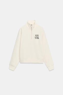 ZARA ТОЛСТОВКА С МОЛНИЕЙ И НАДПИСЬЮ, ЖЕЛТОВАТО-БЕЛЫЙ