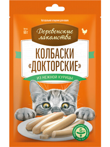 Колбаски Деревенские лакомства Докторские из нежной курицы для кошек 6*10 г