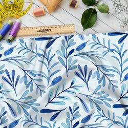 Ткань оксфорд 600 тонкие акварельные листья на белом фоне