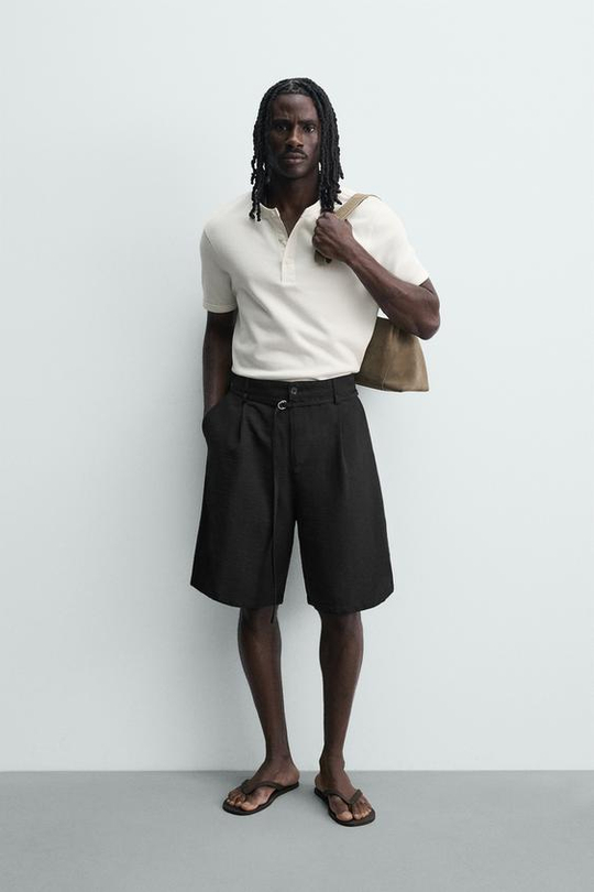 ZARA ШОРТЫ RELAXED FIT СО СКЛАДКАМИ И РЕМНЕМ, ЧЕРНЫЙ