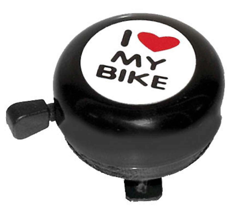 Звонок сталь детский черный с рисунком "I love my bike" (100)