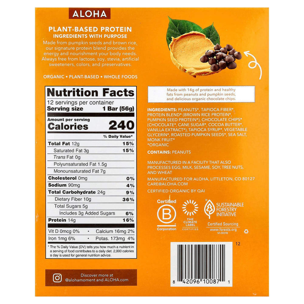 Aloha, Organic Protein Bars, Peanut Butter Chocolate Chip, 12 Bars, 1.98 oz (56 g) Each