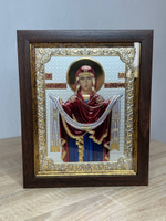 Покрова, икона прямоугольная в рамке под стеклом, красное дерево, эмаль 206х258