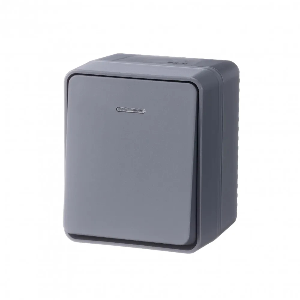 ATLASDESIGN PROFI IP54 О/У 1-клавишный ВЫКЛЮЧАТЕЛЬ с подсветкой, сх.1а, 10АХ, АНТРАЦИТ