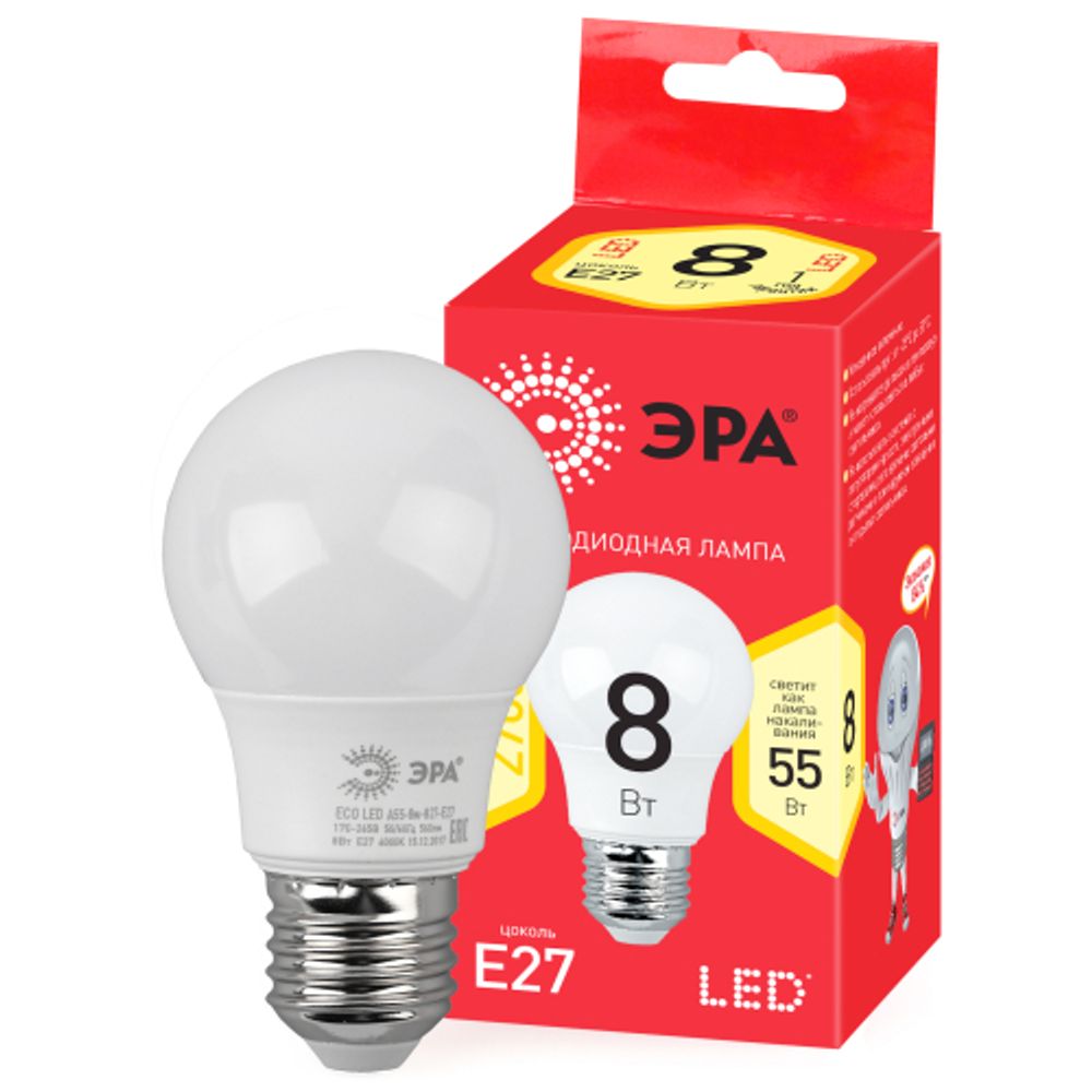 Лампа светодиодная ЭРА RED LINE ECO LED A55-8W-827-E27 E27 / Е27 8Вт груша теплый белый свет | Лампы cветодиодные Груша (A)