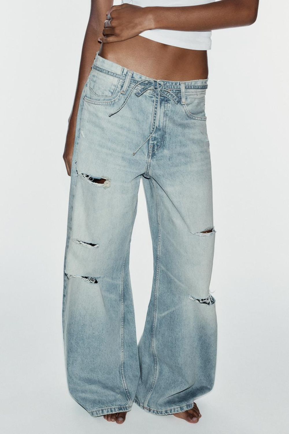 ZARA ДЖИНСЫ TRF BAGGY СО СРЕДНЕЙ ПОСАДКОЙ, ПОЯСОМ И РАЗРЕЗАМИ, ГОЛУБОЙ