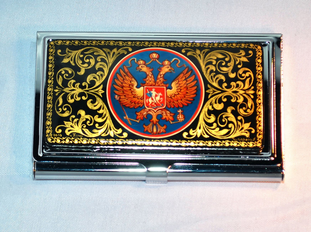 Сувенирная визитница персональная "Российский герб" №0619 (ручная роспись Палех) в футляре