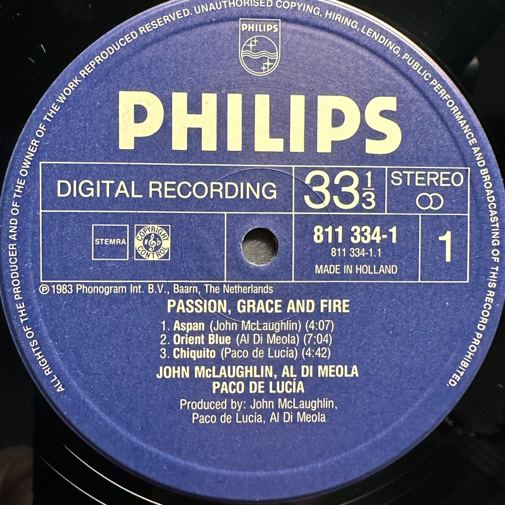 John McLaughlin, Al Di Meola, Paco De Lucia ‎– Passion, Grace & Fire (Голландия 1983г.)