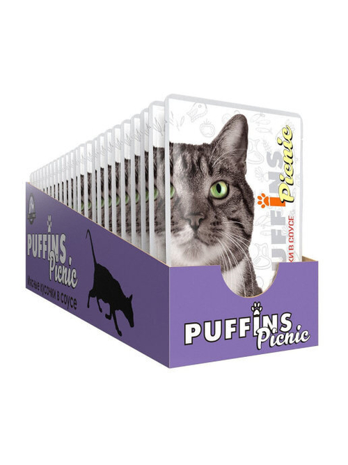 Puffins Picnic Влажный корм для кошек, говядина в соусе, 26 шт x 85 г