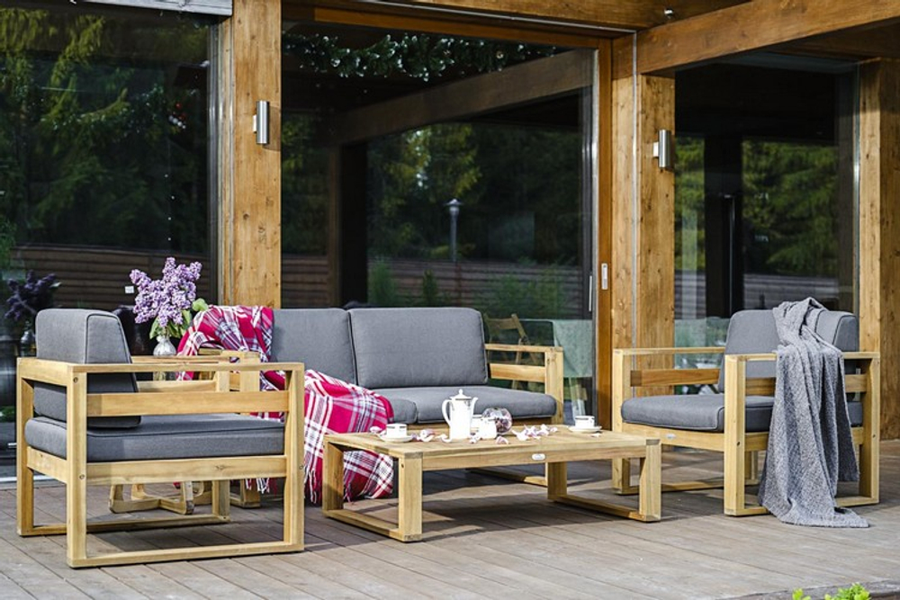 Диванный комплект из акации Joygarden БУКА с кофейным столом, Natural Teak, серый