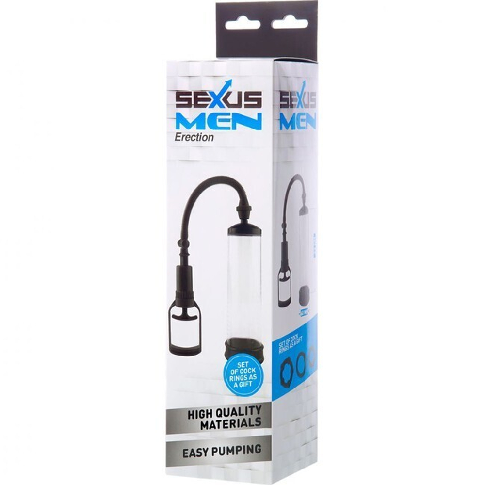 Поршневая вакуумная помпа Sexus Men Erection (22 см, прозрачный с черным) (Цвет: прозрачный с черным)