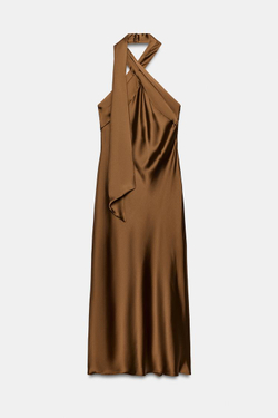 ZARA ПЛАТЬЕ МИДИ ИЗ АТЛАСА, КАРАМЕЛЬНЫЙ