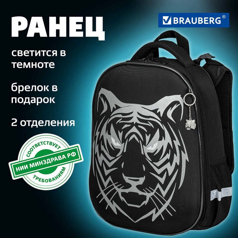 Ранец BRAUBERG SHINY, 2 отделения, "Tiger", СВЕТЯЩИЙСЯ РИСУНОК, 36х28х14 см, 270698