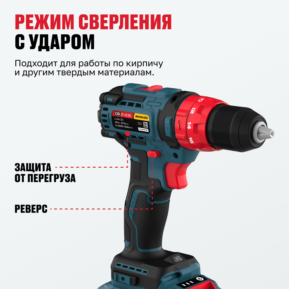 Бесщеточная аккумуляторная ударная дрель-шуруповерт ALTECO CID 21-45 BL