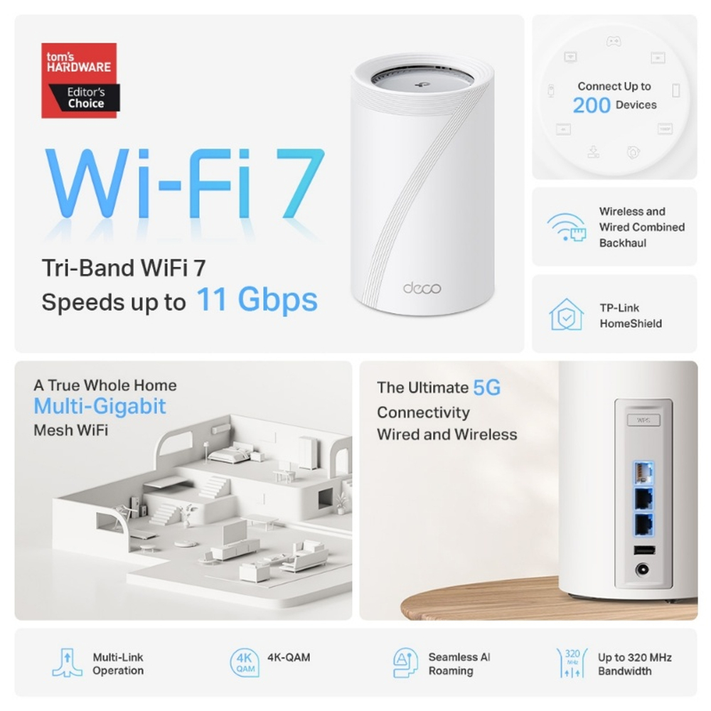 TP-Link Deco BE65 Pro (1-pack) BE9300 Трехдиапазонная домашняя Mesh-система Wi-Fi 7