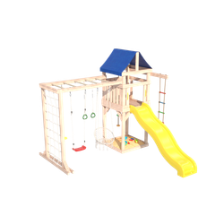Детская площадка Fun Land неокрашенная с модулем сетка-рукоход, мини сеткой, подвесным креслом и качелями