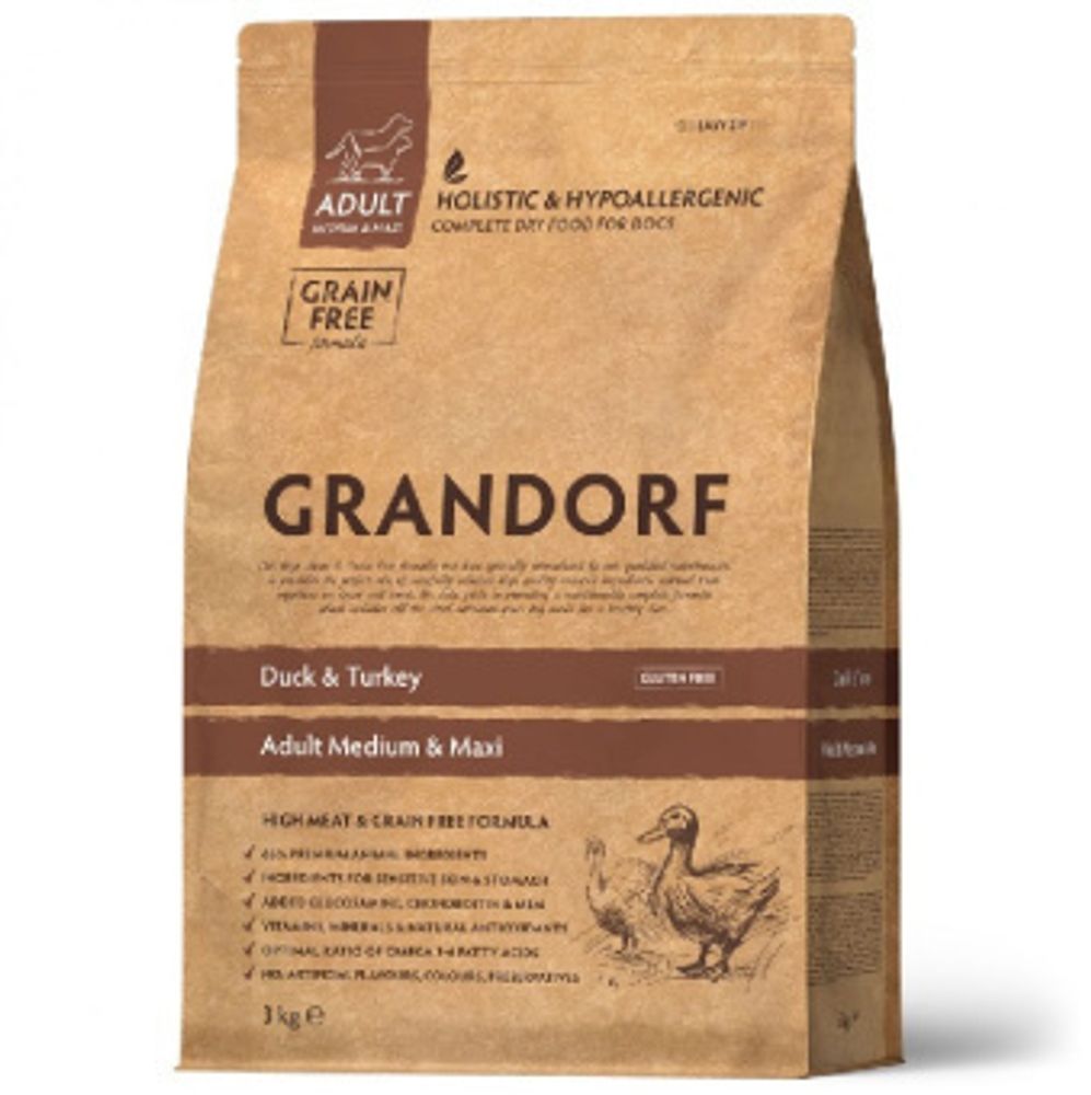 Grandorf 1кг Medium &amp; Maxi Holistic Duck &amp; Turkey для собак средних и крупных пород, утка с индейкой