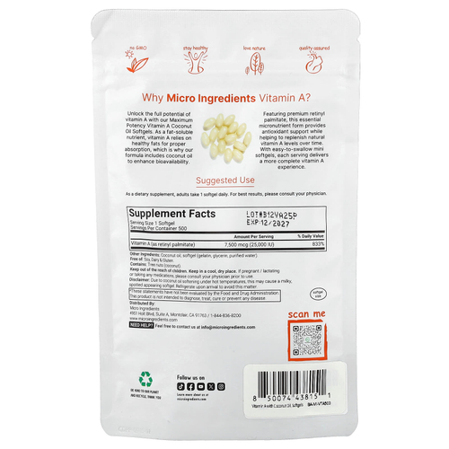 Micro Ingredients, витамин A, 7500 мкг (25 000 МЕ), 500 мягких таблеток