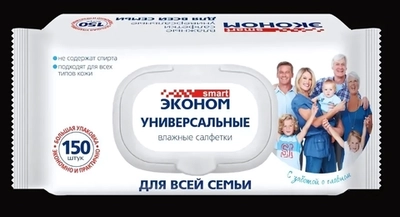 Салфетки влажные SMART Эконом для всей семьи универсальные с клапаном 150шт✦
