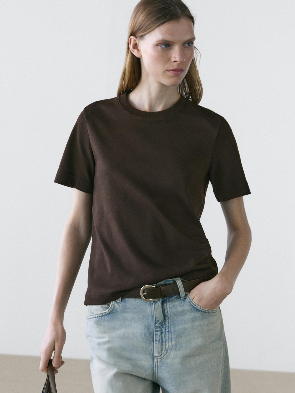 Massimo Dutti Футболка интерлок, короткие рукава, коричневый