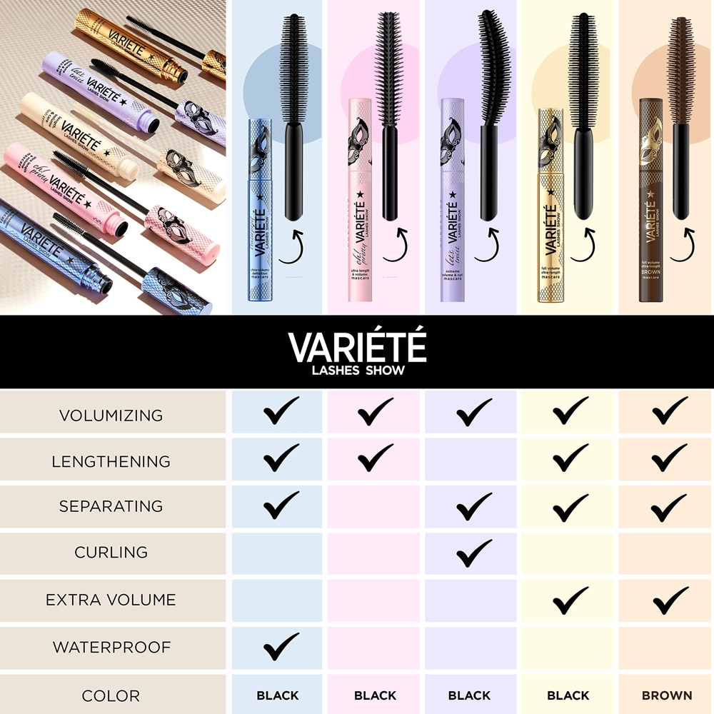 Eveline Cosmetics Variete Lashes Show - Водостойкая тушь, придающая объем и утолщающая ресницы, 10 ml