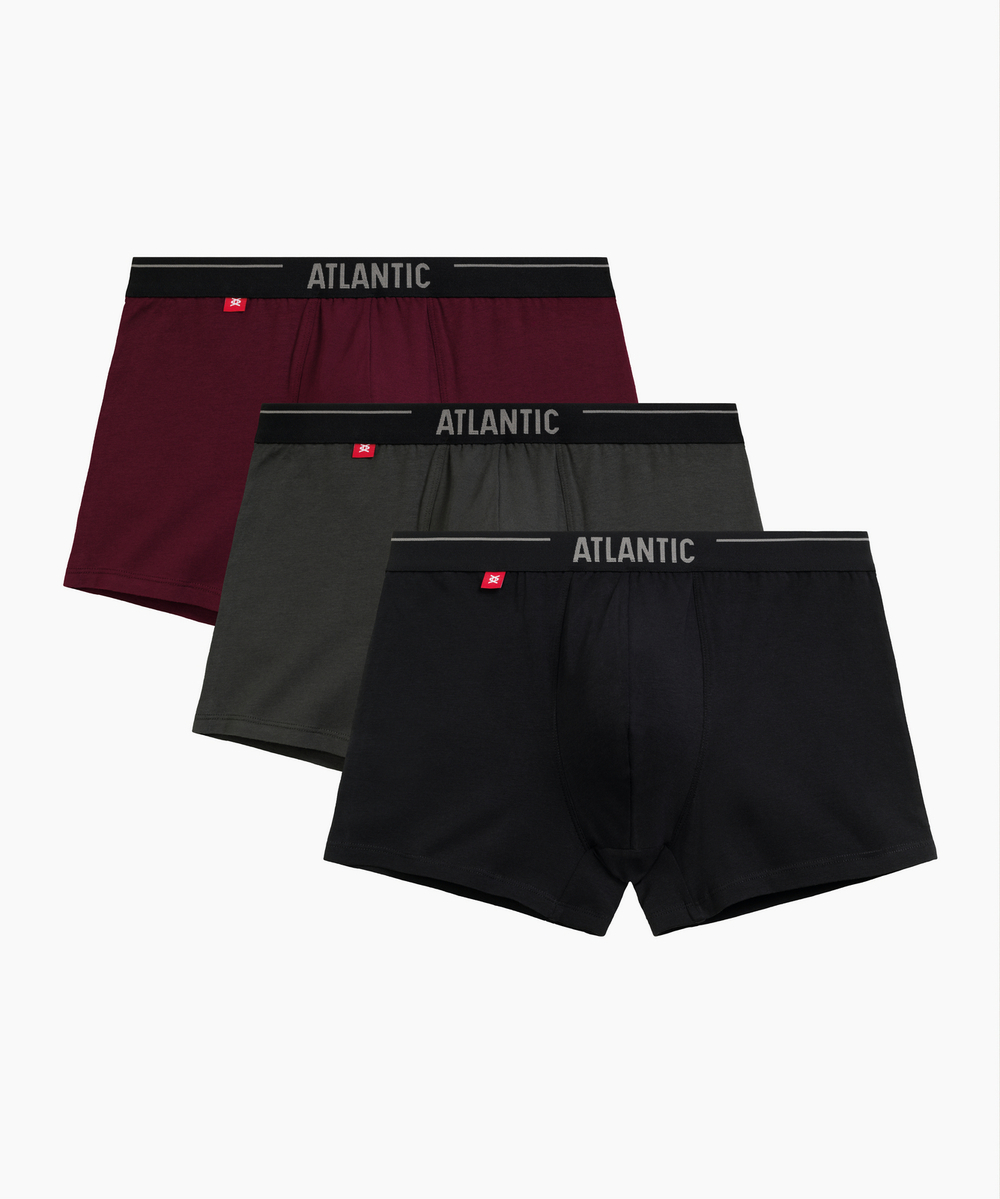 Мужские трусы шорты Atlantic, набор из 3 шт., хлопок, тёмно-фиолетовые + чёрные + тёмные хаки, 3MH-011