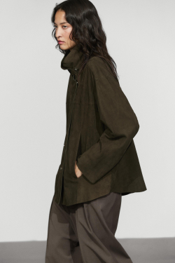 Massimo Dutti Куртка из кожи и замши с высоким воротником, хаки