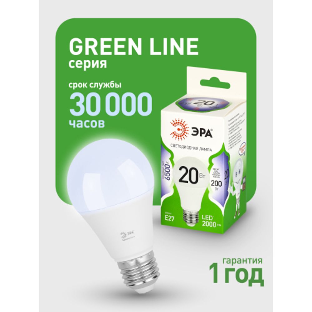 Лампа светодиодная ЭРА GREEN LINE LED A60-20W-865-E27 GL 20Вт груша холодный свет E27 | Лампы cветодиодные Груша (A)